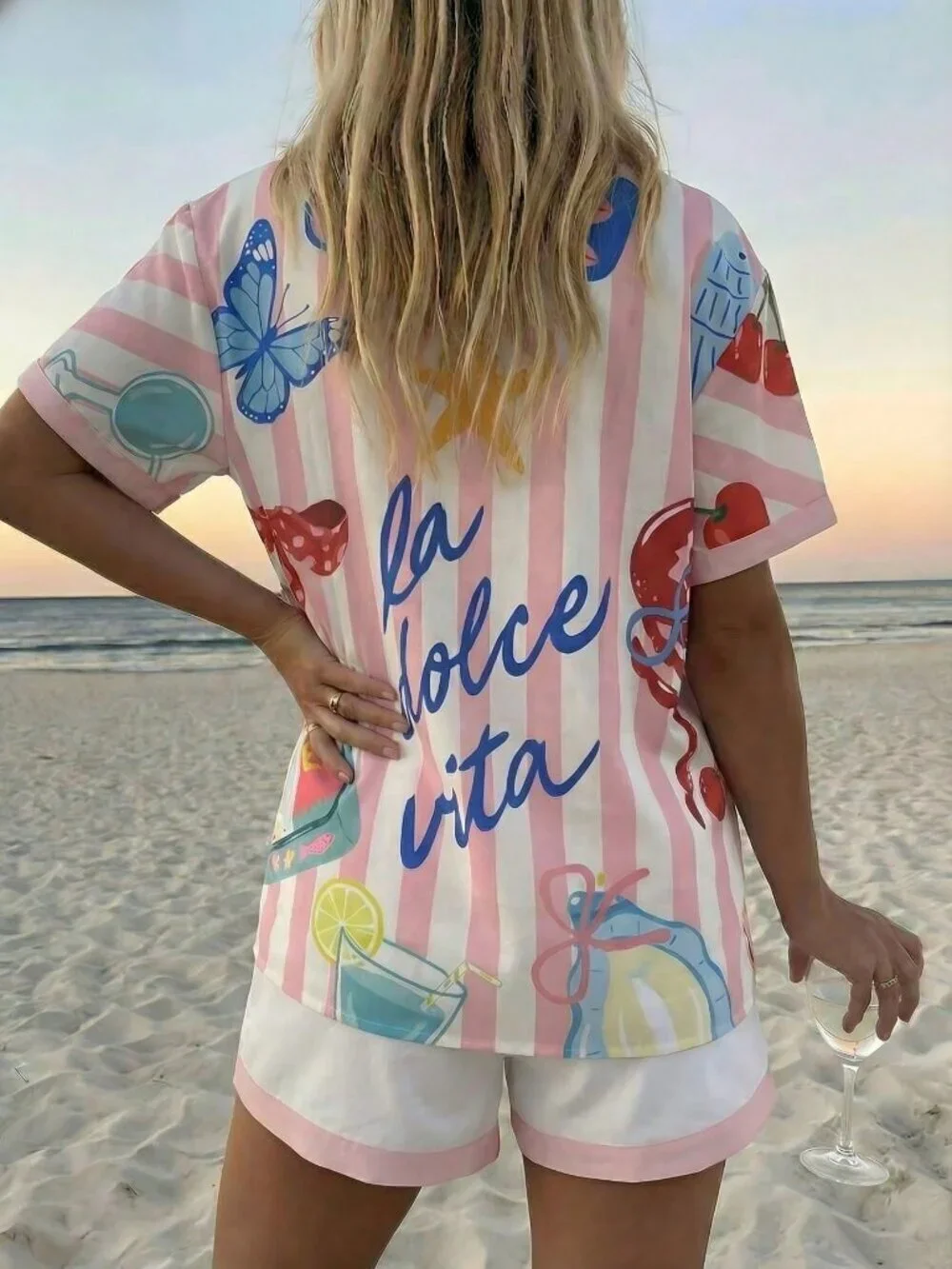 Baby Pink Casual Women's Vacation Printed Shirt & Shorts Set